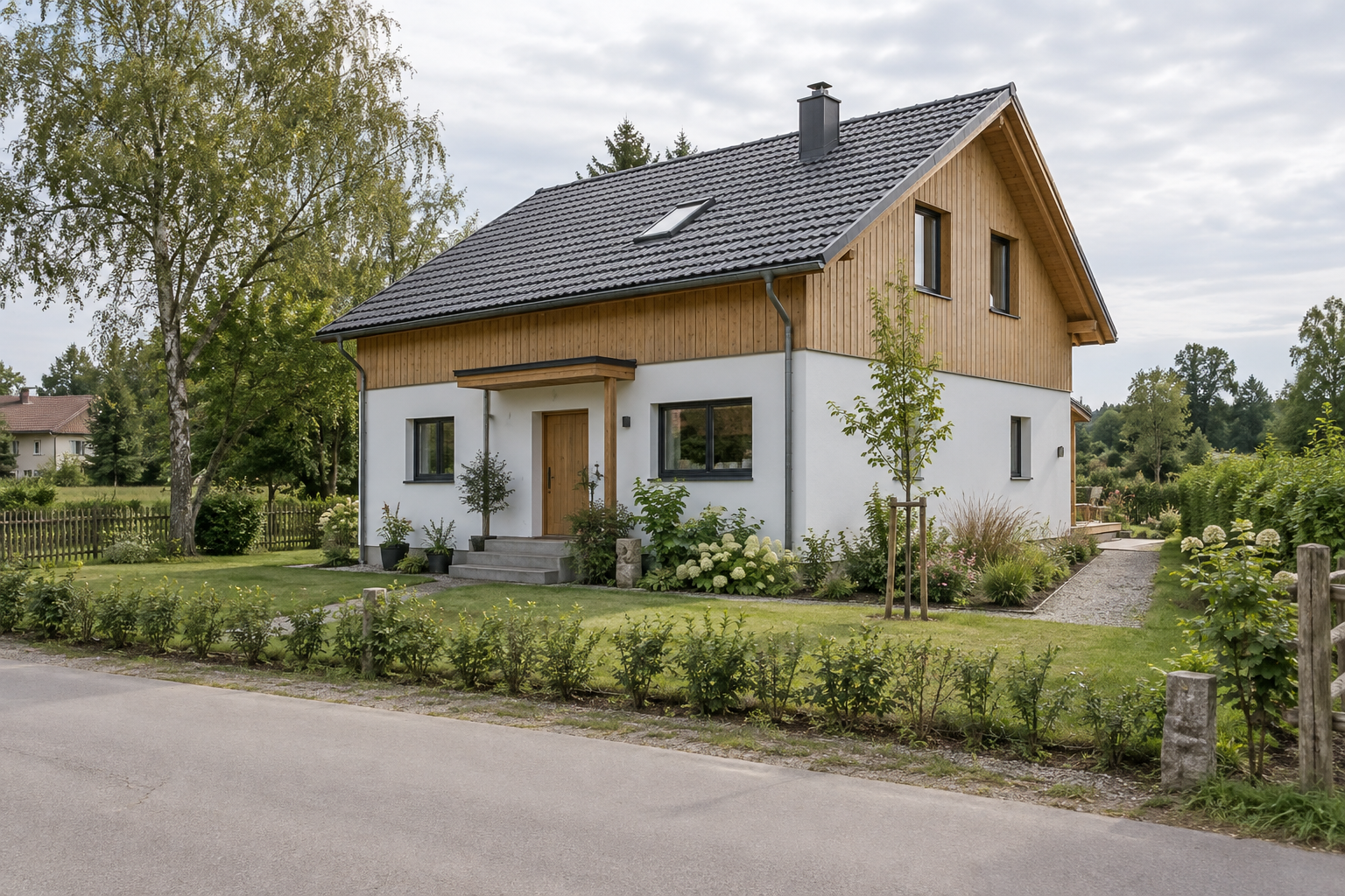 Vollständig sichtbares Haus mit heller Holzfassade, Eingang und Garten am grünen Ortsrand