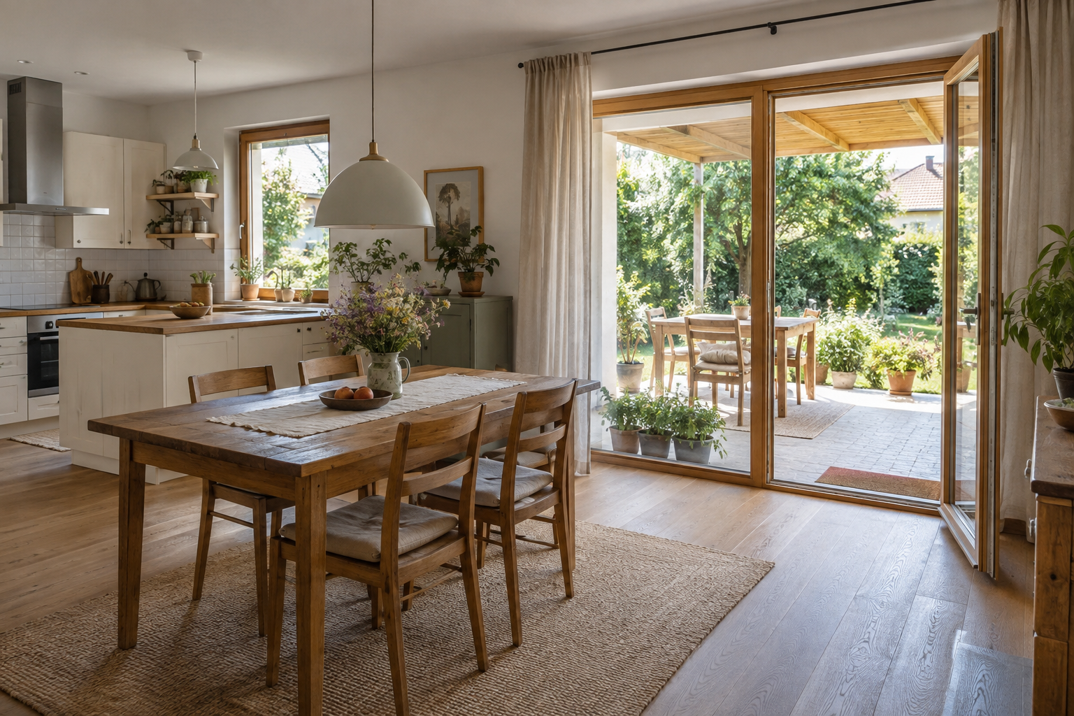Helle Wohnküche mit Holztisch, Terrassentür und Blick in einen Garten
